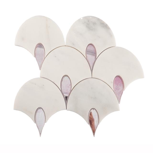 White Marble and Pink Glass Waterjet Mosaic Tile — mosaic hoa văn waterjet bằng đá marble trắng & hồng