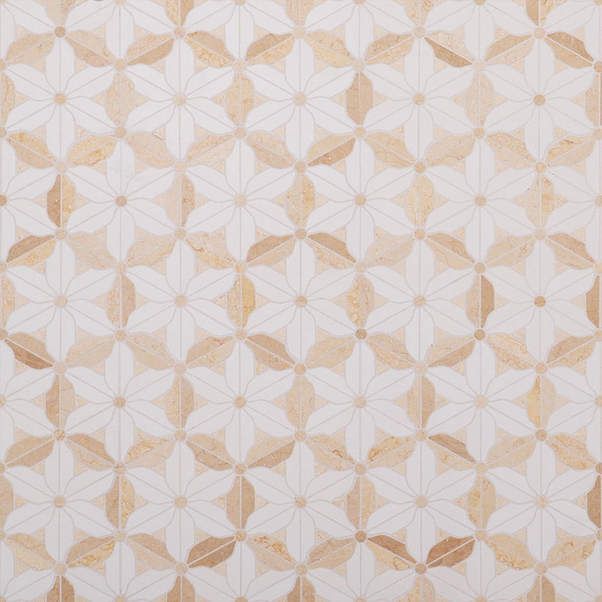 Flower Pattern Beige and White Marble Mosaic Tiles — mosaic hoa văn waterjet bằng đá marble trắng & beige