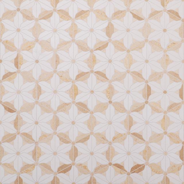 Flower Pattern Beige and White Marble Mosaic Tiles — mosaic hoa văn waterjet bằng đá marble trắng & beige