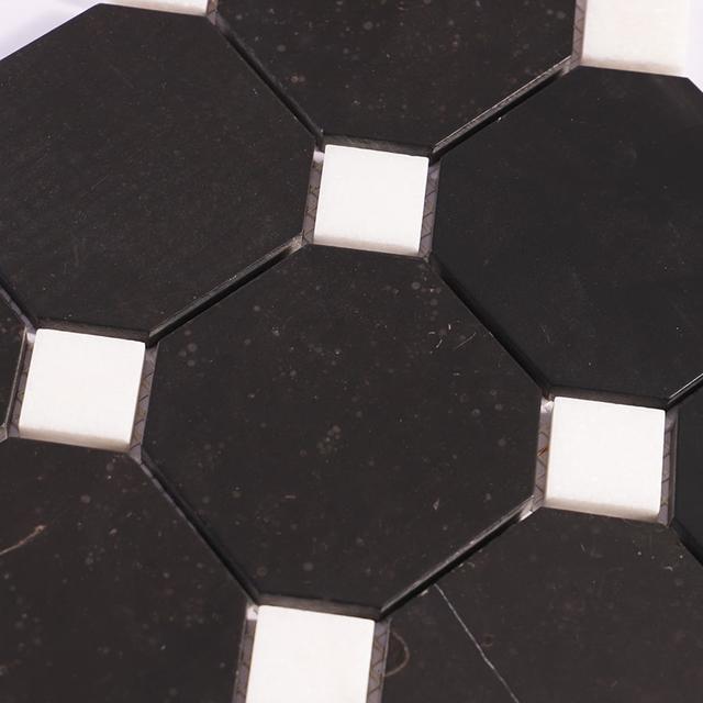 Black Octagon Marble With White Dot Mosaic floor Tile — mosaic ghép nghệ thuật bằng đá marble đen & trắng