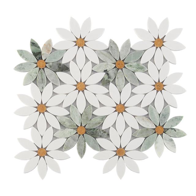 White and Green Daisy Flower Marble Tile Backsplash and Floor Mosaic — mosaic hoa văn waterjet bằng đá marble trắng & xanh lục
