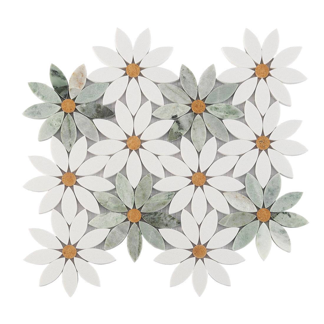 White and Green Daisy Flower Marble Tile Backsplash and Floor Mosaic — mosaic hoa văn waterjet bằng đá marble trắng & xanh lục