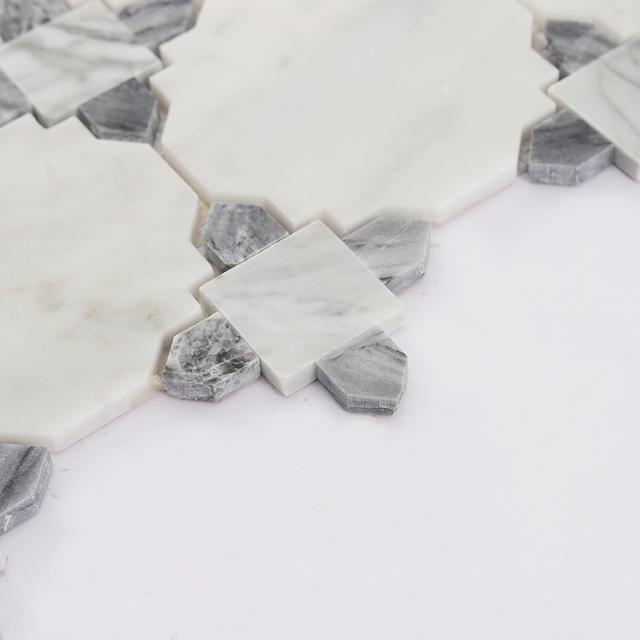 White and Gray Marble Mosaic Tile with Classic Geometric Pattern — mosaic ghép nghệ thuật bằng đá marble trắng & xám