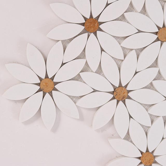 White Waterjet Sunflower Marble Mosaic Tile — mosaic hoa văn waterjet bằng đá marble trắng