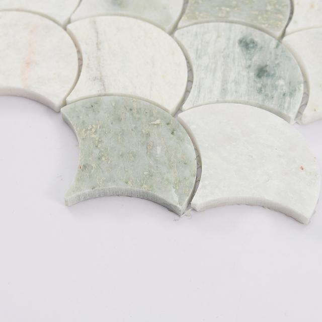 Green Fish Scale Marble Mosaic Shower Wall Tile — mosaic vảy cá (fish scale) bằng đá marble xanh lục
