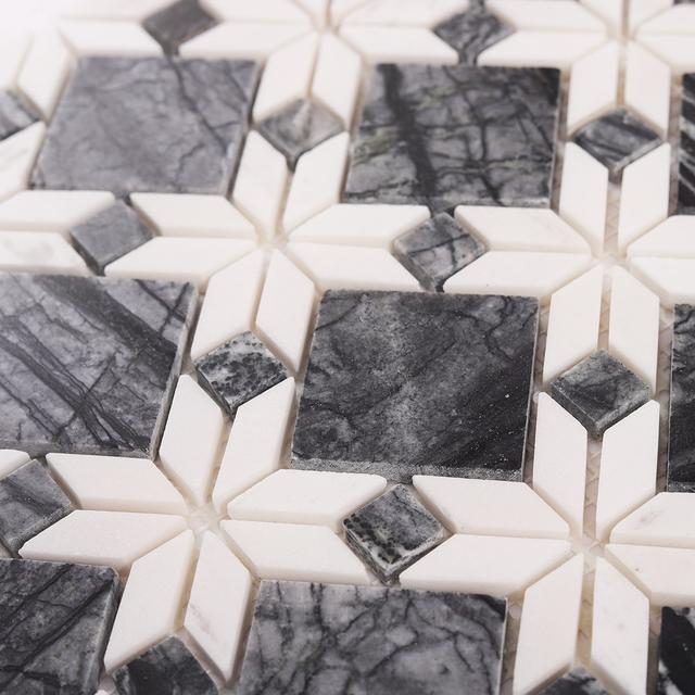 Floral Pattern Gray and White Marble Mosaic Tiles — mosaic hoa văn waterjet bằng đá marble trắng & xám