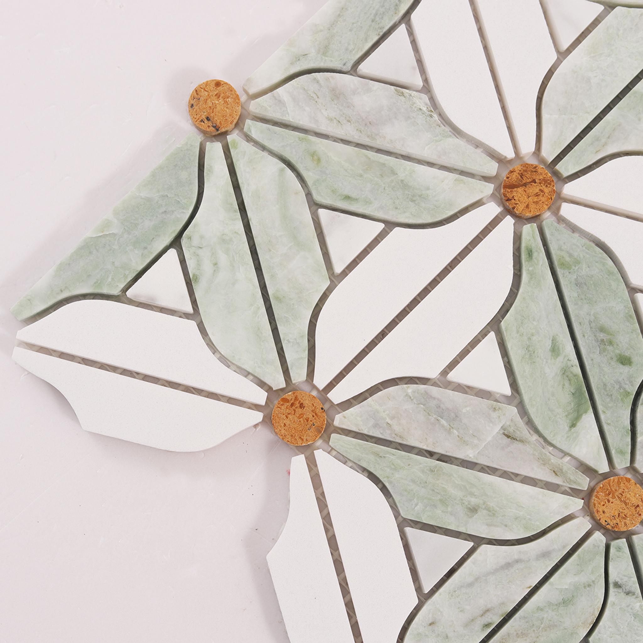 Ming Green and White Flower Marble Mosaic Tiles — mosaic hoa văn waterjet bằng đá marble trắng & xanh lục