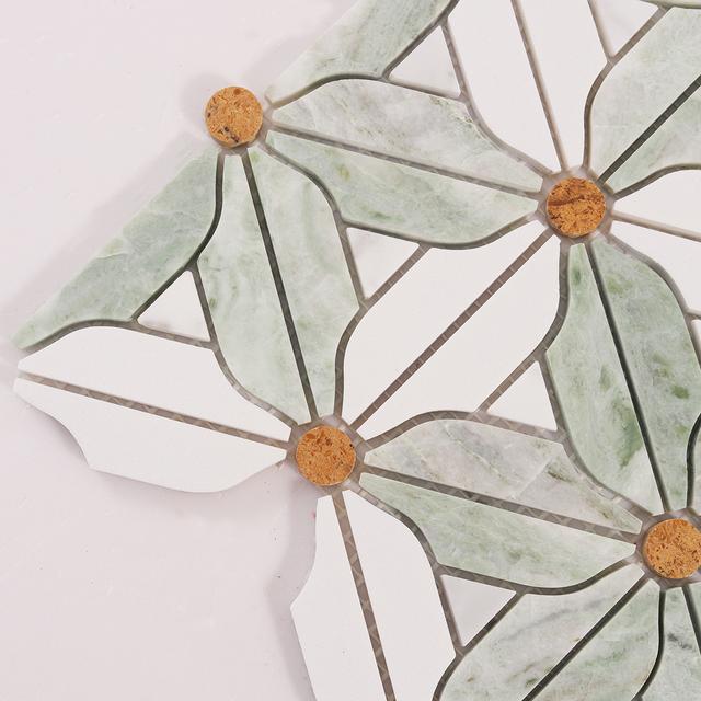 Ming Green and White Flower Marble Mosaic Tiles — mosaic hoa văn waterjet bằng đá marble trắng & xanh lục