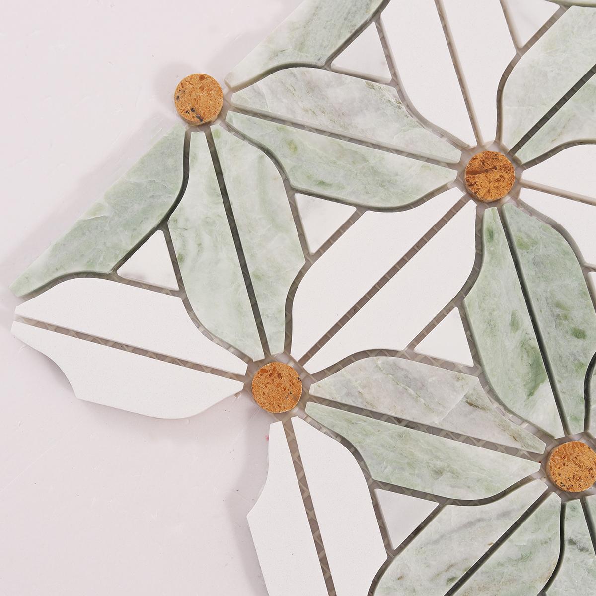 Ming Green and White Flower Marble Mosaic Tiles — mosaic hoa văn waterjet bằng đá marble trắng & xanh lục