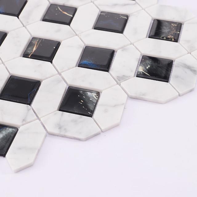 White Marble Black Glass Picket Square Mosaic Tile for Wall — mosaic vuông bằng đá marble đen & trắng