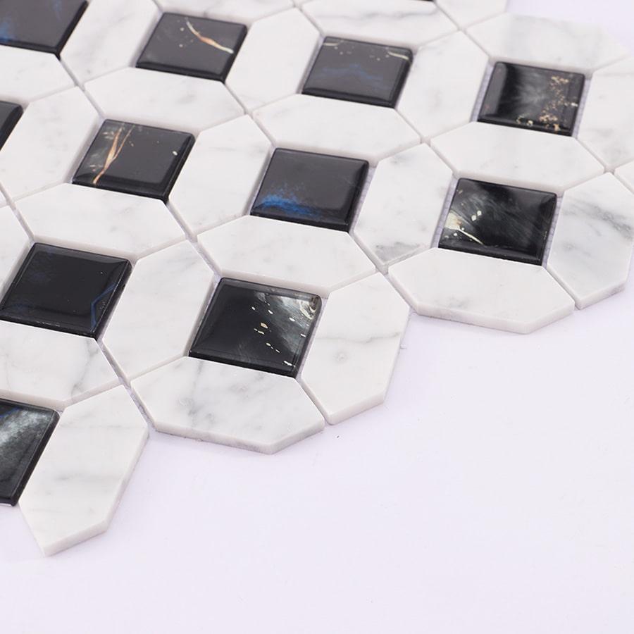 White Marble Black Glass Picket Square Mosaic Tile for Wall — mosaic vuông bằng đá marble đen & trắng