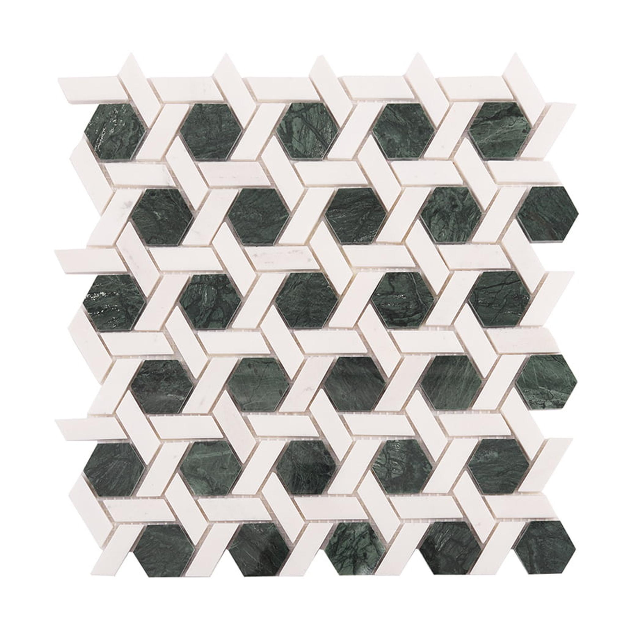 Green and White Lattice Marble Mosaic Tiles — mosaic ghép nghệ thuật bằng đá marble trắng & xanh lục