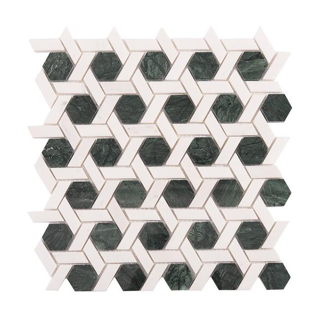 Green and White Lattice Marble Mosaic Tiles — mosaic ghép nghệ thuật bằng đá marble trắng & xanh lục