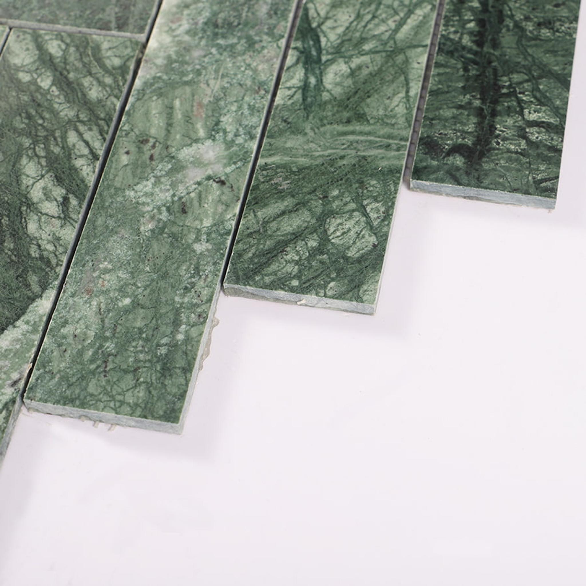 Verde Green Herringbone Polished Marble Mosaic Tile — mosaic xương cá bằng đá marble xanh lục