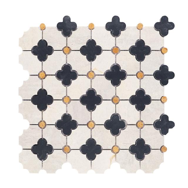 Nero Marquina Clover Marble Mosaic on Cream Ground with Amber Dots — Rochelle Rochelle Stone