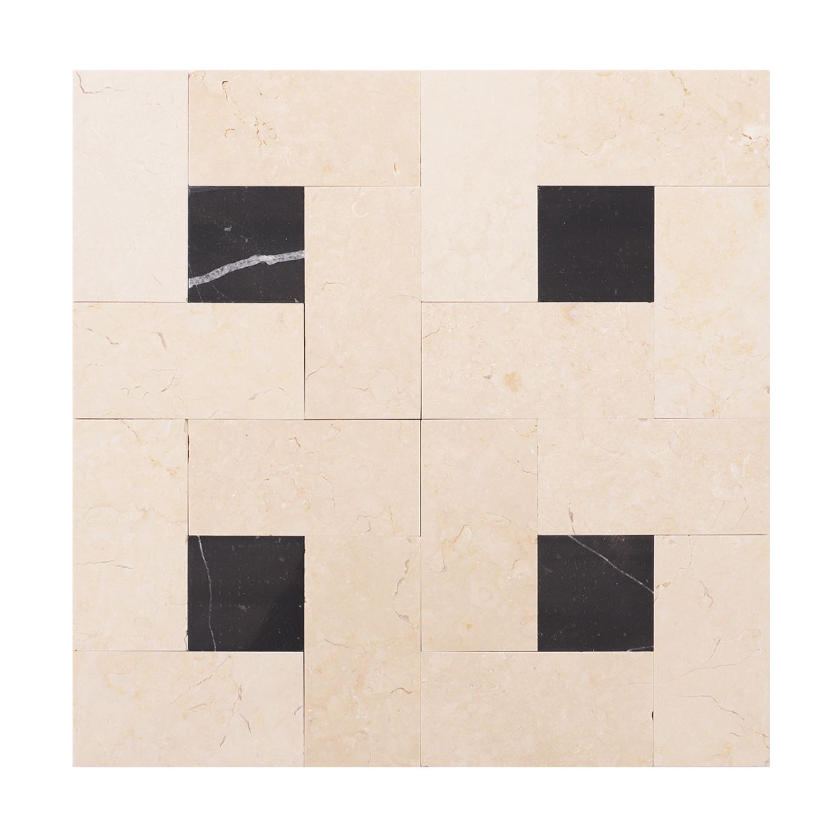 Cream and Black Pinwheel Marble Mosaic (marble kem Crema Marfil ghép chong chóng, chốt đen Nero Marquina) — Rochelle Rochelle Stone