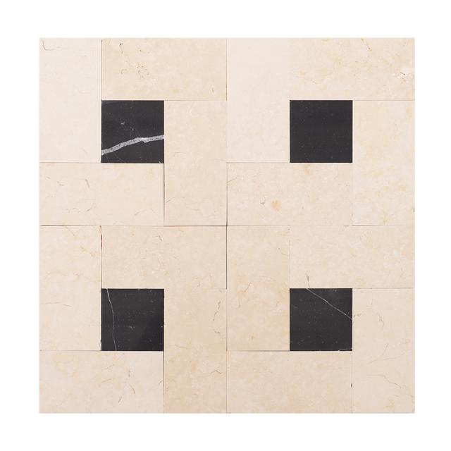 Cream and Black Pinwheel Marble Mosaic (marble kem Crema Marfil ghép chong chóng, chốt đen Nero Marquina) — Rochelle Rochelle Stone