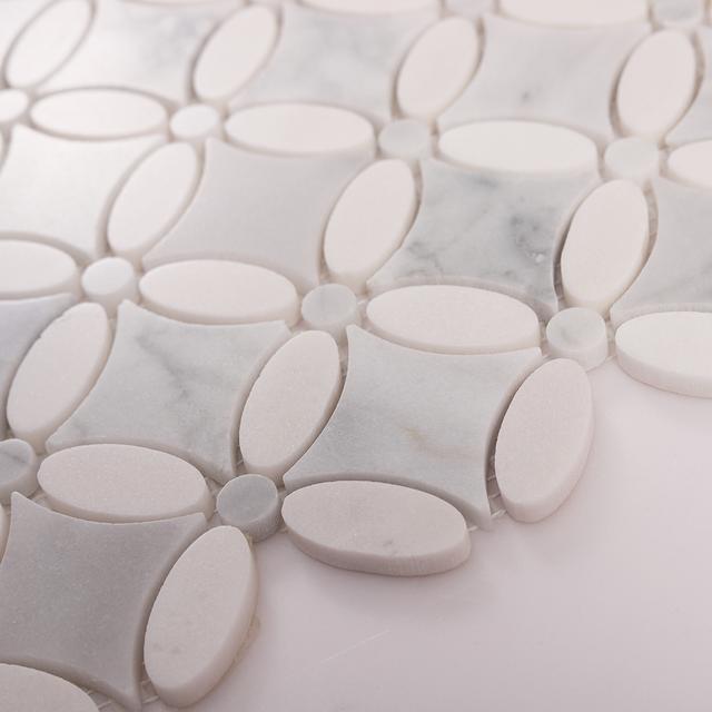 White Floral Petal Marble Mosaic Wall Tiles — mosaic hoa văn waterjet bằng đá marble trắng & trắng Carrara