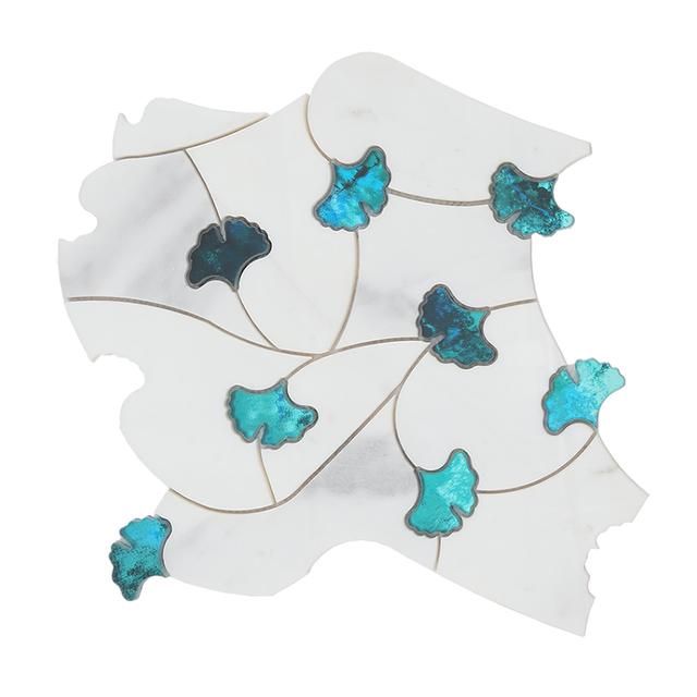 Marble Waterjet Flower Mosaic Tile And Teal Glass — mosaic hoa văn waterjet bằng đá marble tự nhiên