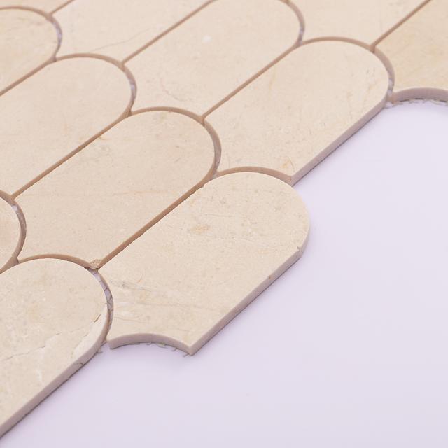 Beige Long Fish Scale Marble Tiles — mosaic vảy cá (fish scale) bằng đá marble beige