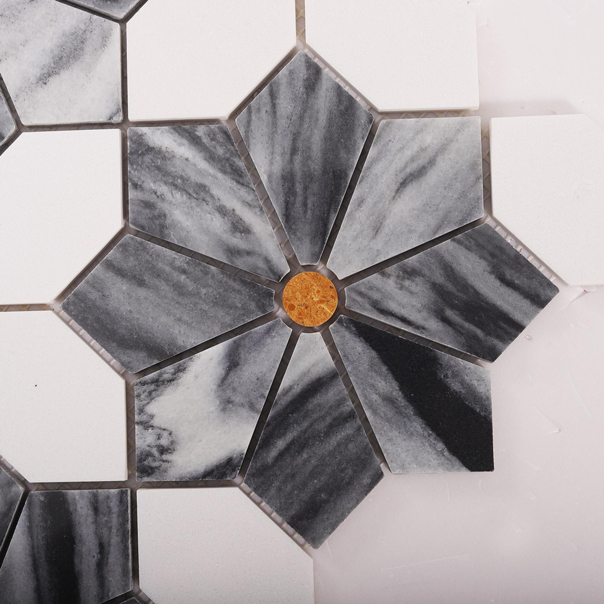 Gray and White Floral Marble Mosaic Tile with Gold Accent — mosaic hoa văn waterjet bằng đá marble trắng & vàng