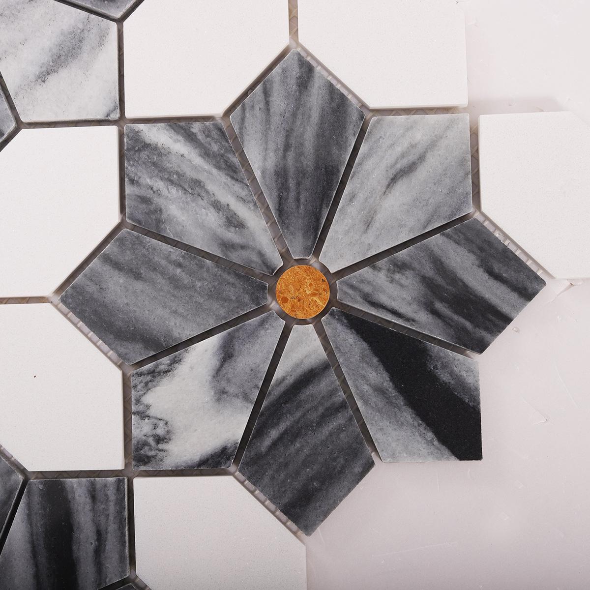 Gray and White Floral Marble Mosaic Tile with Gold Accent — mosaic hoa văn waterjet bằng đá marble trắng & vàng