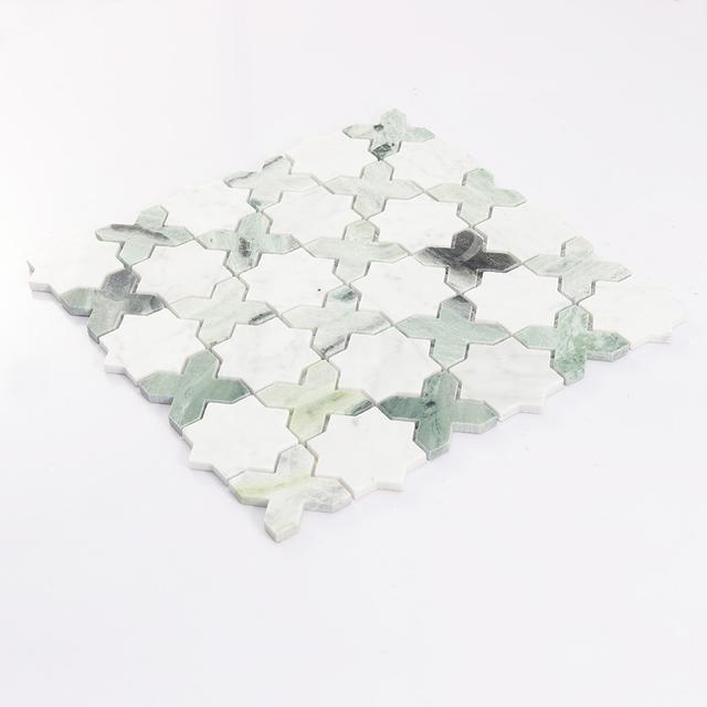 Geometria Marble Star Floor Tile White and Green Mosaic Wall — mosaic ghép nghệ thuật bằng đá marble trắng & xanh lục