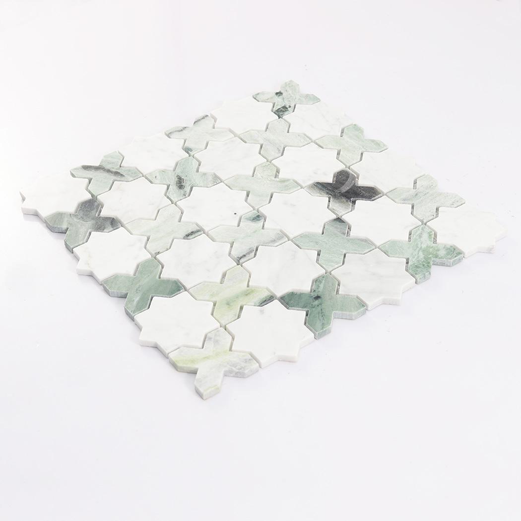 Geometria Marble Star Floor Tile White and Green Mosaic Wall — mosaic ghép nghệ thuật bằng đá marble trắng & xanh lục