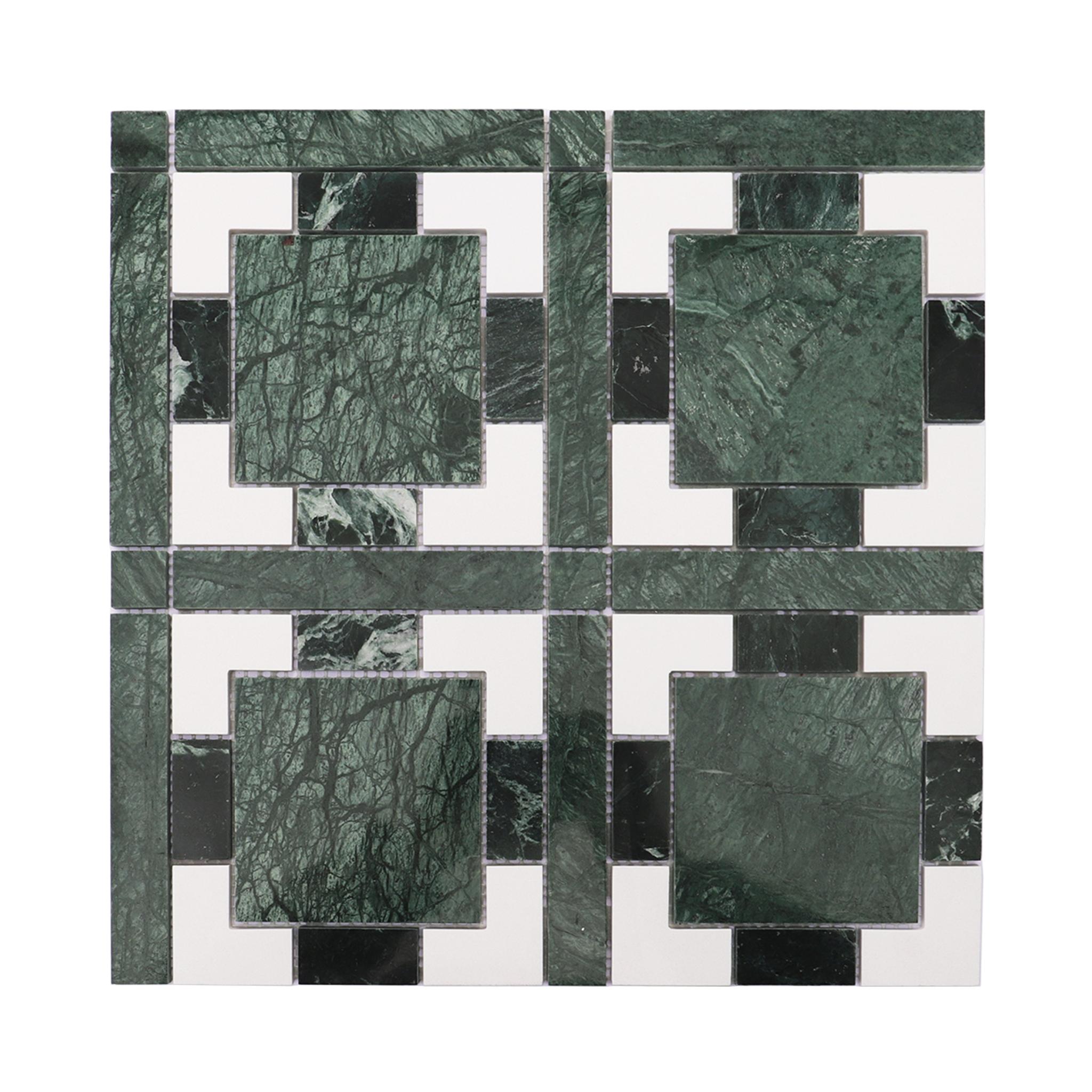Green and White Geometric Polished Marble Tiles — mosaic ghép nghệ thuật bằng đá marble trắng & xanh lục