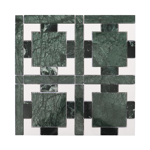 Green and White Geometric Polished Marble Tiles — mosaic ghép nghệ thuật bằng đá marble trắng & xanh lục