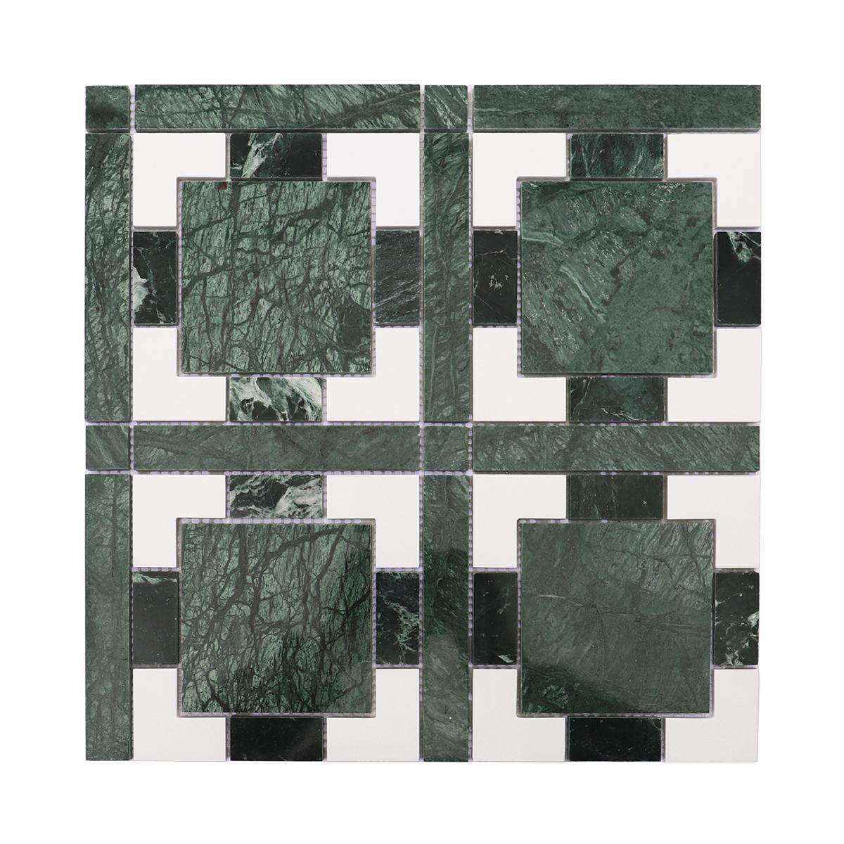 Green and White Geometric Polished Marble Tiles — mosaic ghép nghệ thuật bằng đá marble trắng & xanh lục
