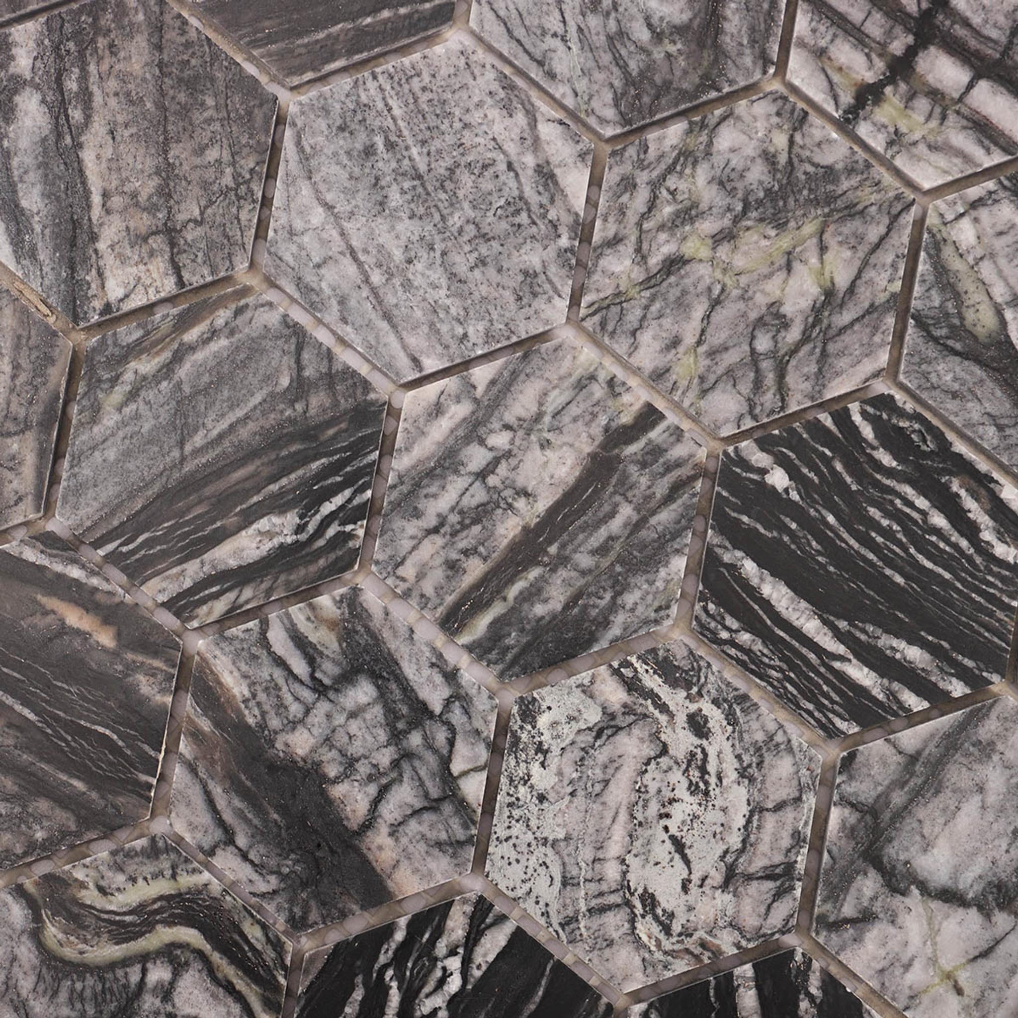 Dark Grey Hexagon Marble Mosaic Tiles — mosaic lục giác bằng đá marble xám