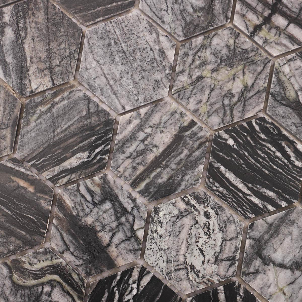 Dark Grey Hexagon Marble Mosaic Tiles — mosaic lục giác bằng đá marble xám