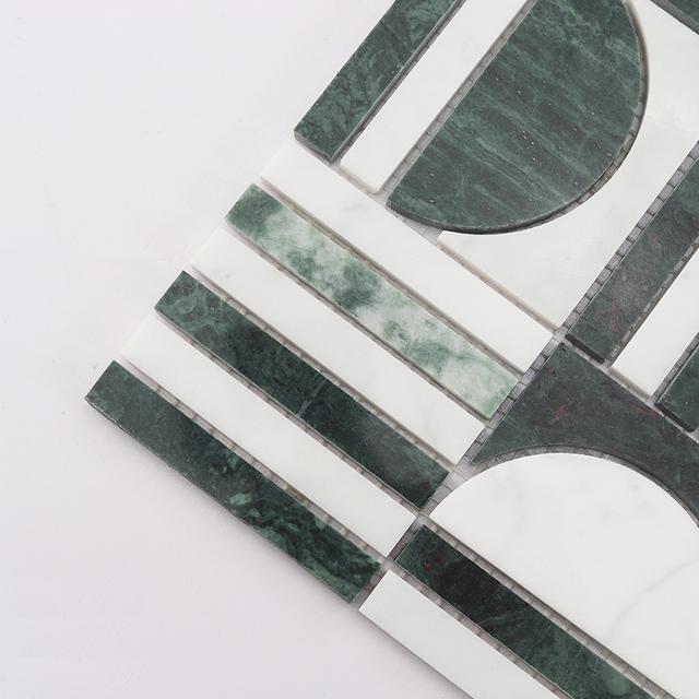 Geometric Green and White Marble Mosaic Backsplash and Bathroom Tile — mosaic ghép nghệ thuật bằng đá marble trắng & xanh lục
