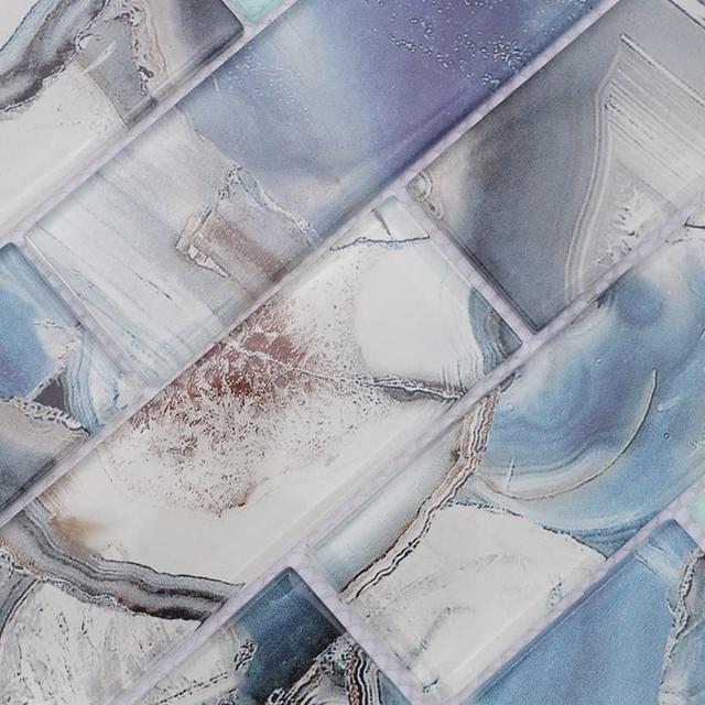 Blue Grey Rectangle Subway Onyx Glass Mosaic Tile — mosaic subway (gạch thẻ) bằng đá onyx xanh dương & xám