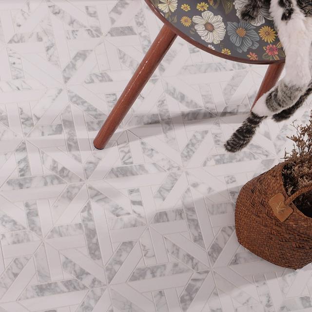 White Geometrica Thassos Honed Marble Tiles — mosaic ghép nghệ thuật bằng đá marble trắng