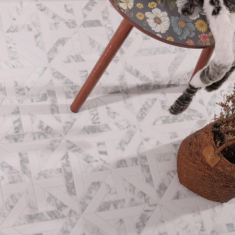 White Geometrica Thassos Honed Marble Tiles — mosaic ghép nghệ thuật bằng đá marble trắng