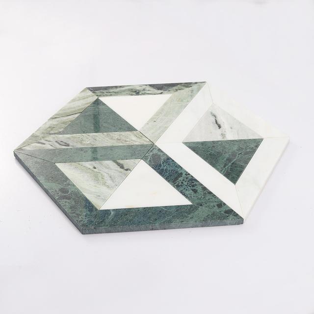 Big Hexagon Geometric Marble Mosaic — mosaic lục giác bằng đá marble xanh lục & trắng
