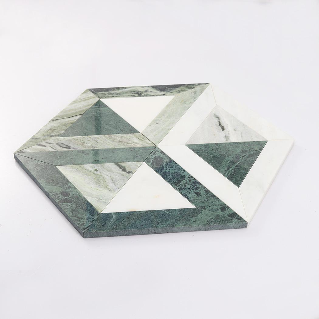 Big Hexagon Geometric Marble Mosaic — mosaic lục giác bằng đá marble xanh lục & trắng