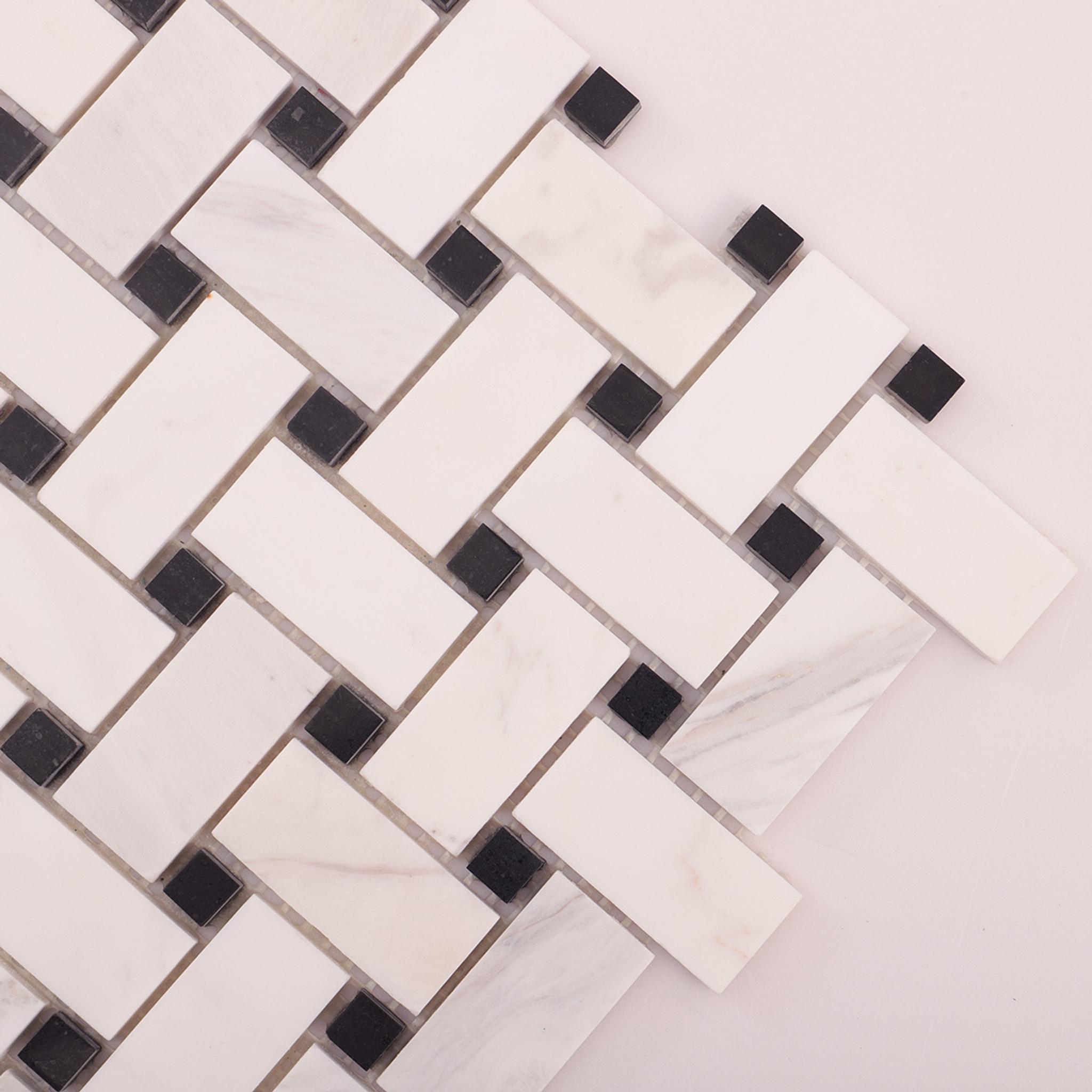 White & Black Basketweave Marble Mosaic Floor Tiles — mosaic đan rổ (basketweave) bằng đá marble đen & trắng