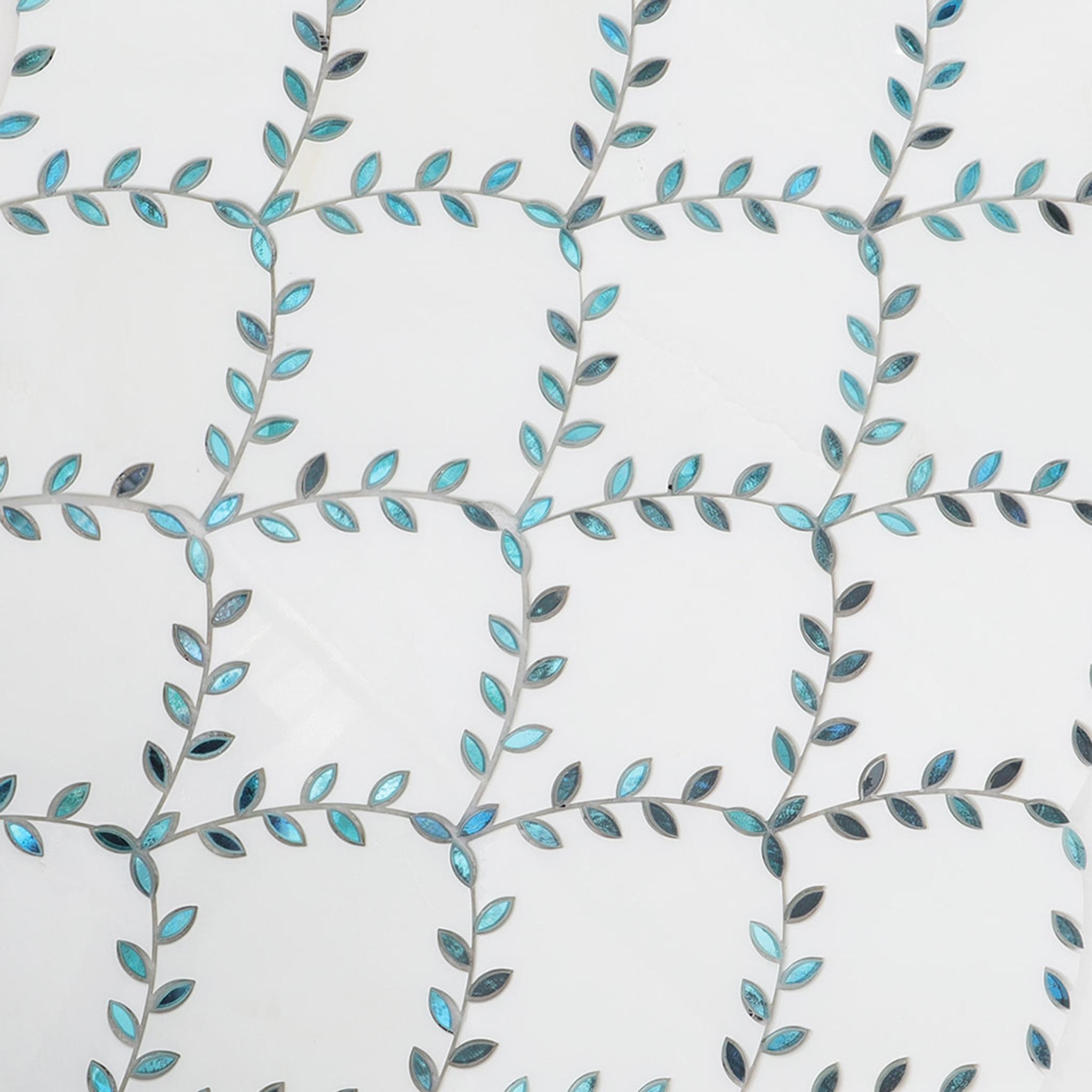White Marble with Blue Glass Leaf Shaped Waterjet Mosaic Tile — mosaic hoa văn waterjet bằng đá marble trắng & xanh dương