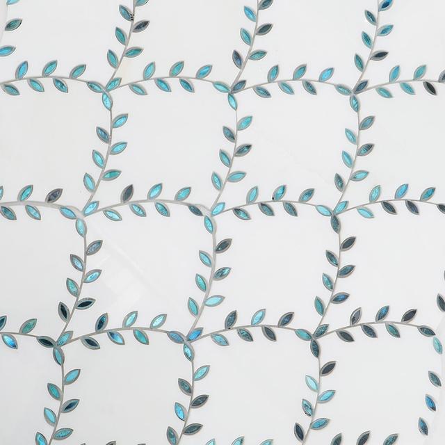 White Marble with Blue Glass Leaf Shaped Waterjet Mosaic Tile — mosaic hoa văn waterjet bằng đá marble trắng & xanh dương