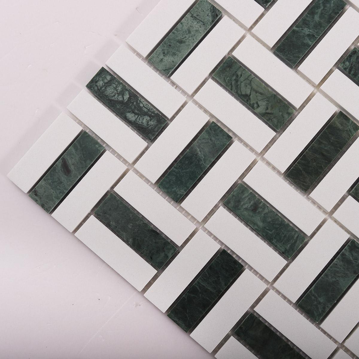 Empress Green and White Basketweave Marble Mosaic Tiles — mosaic đan rổ (basketweave) bằng đá marble trắng & xanh lục
