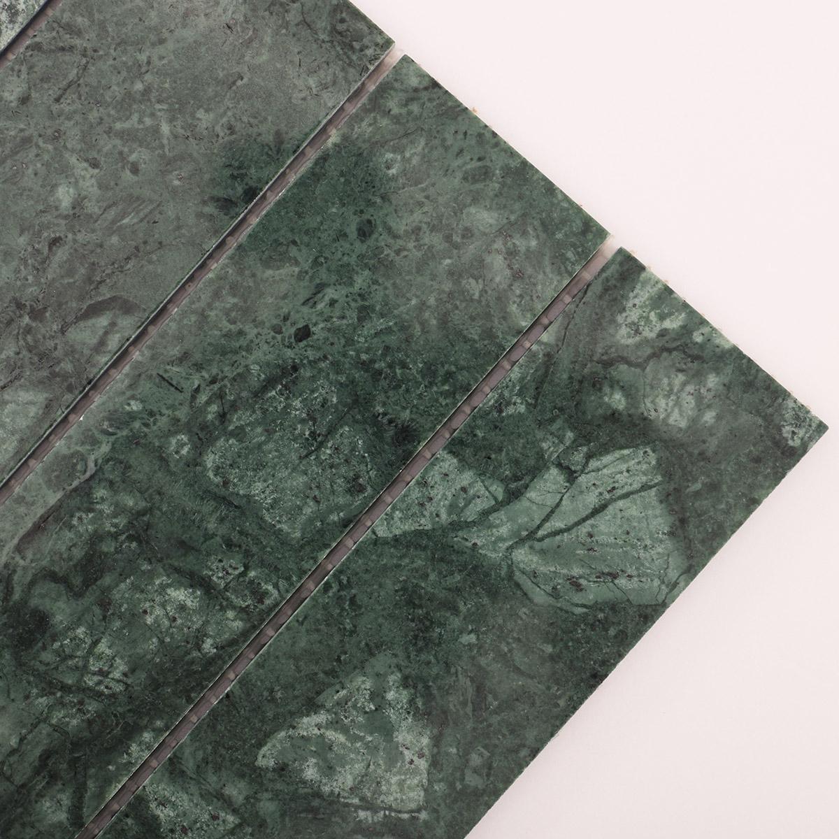 Long Stripe Dark Green Marble Vertical Subway Tile — mosaic subway (gạch thẻ) bằng đá marble xanh lục