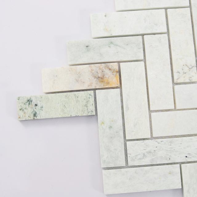 Green Herringbone Marble Floor Tile Wall Mosaic — mosaic xương cá bằng đá marble xanh lục
