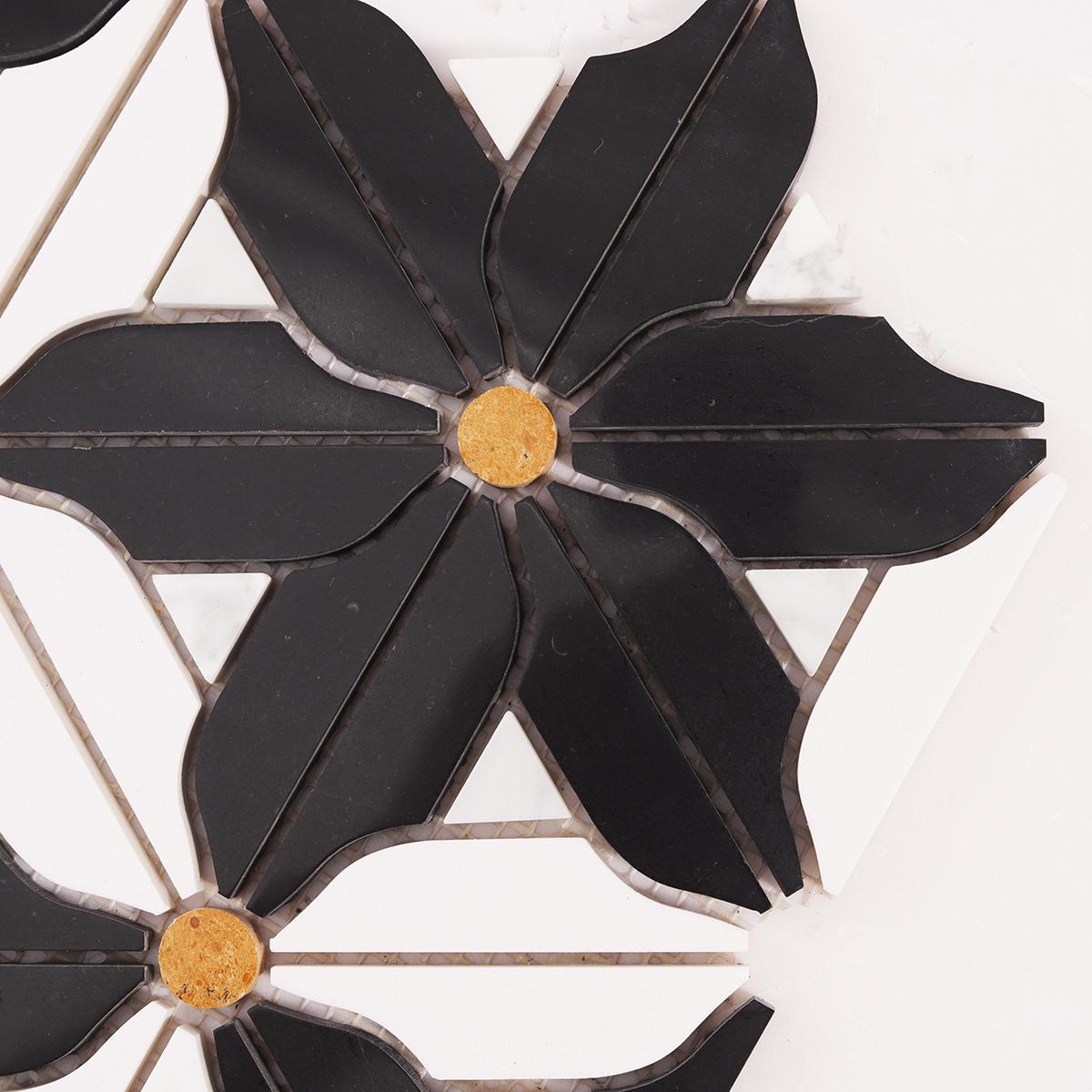 Black and White Flower Marble Mosaic — mosaic hoa văn waterjet bằng đá marble đen & trắng