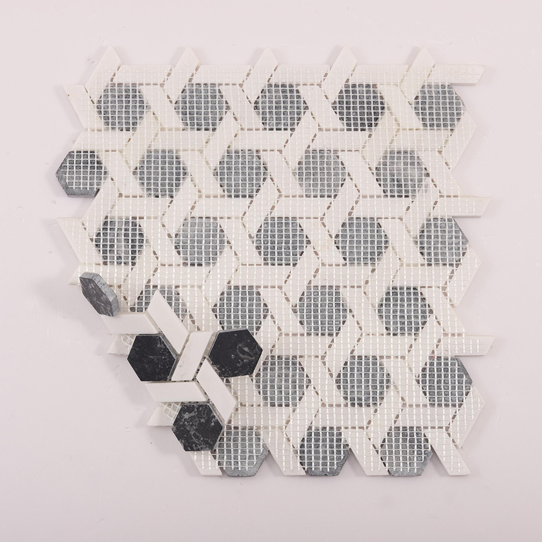 Gray and White Hexagonal Lattice Marble Tiles — mosaic lục giác bằng đá marble trắng & xám