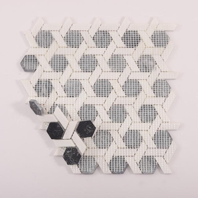 Gray and White Hexagonal Lattice Marble Tiles — mosaic lục giác bằng đá marble trắng & xám