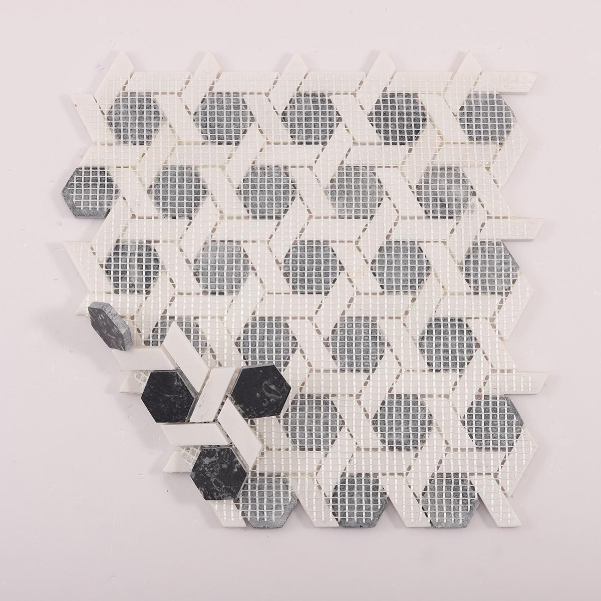 Gray and White Hexagonal Lattice Marble Tiles — mosaic lục giác bằng đá marble trắng & xám