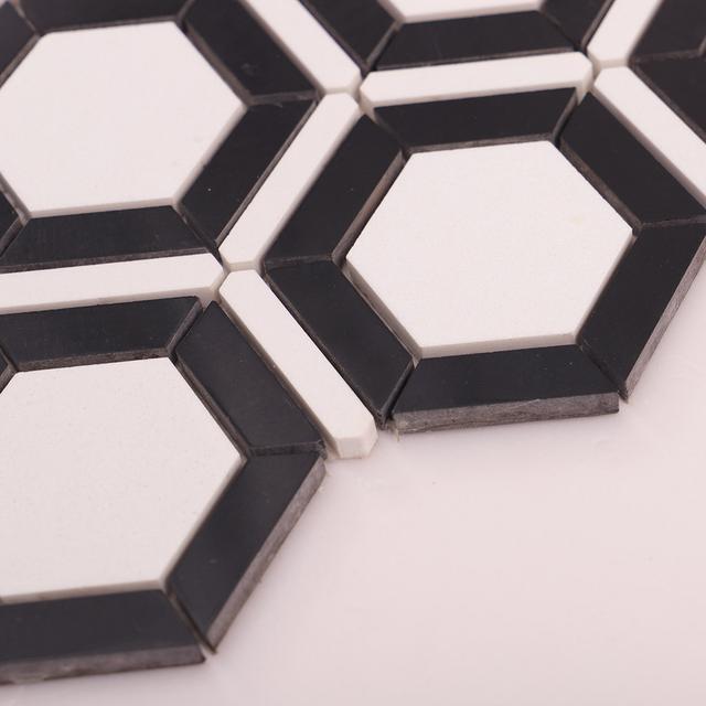 Black and White Hexagon Carrara Marble Mosaic Tile — mosaic lục giác bằng đá marble đen & trắng